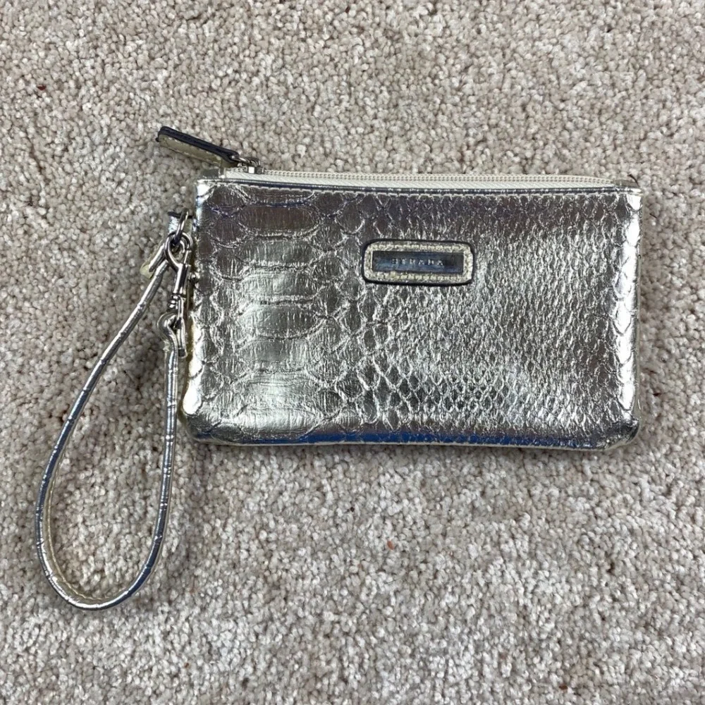 Strada Womens Silver Metallic Snakeskin Embossed Zip Wristlet Pouch Clutch